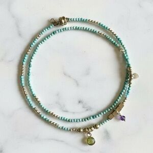 Dainty Turquoise & Gold Filled Wire Wrap Bracelet - Peridot, Amethyst Charms